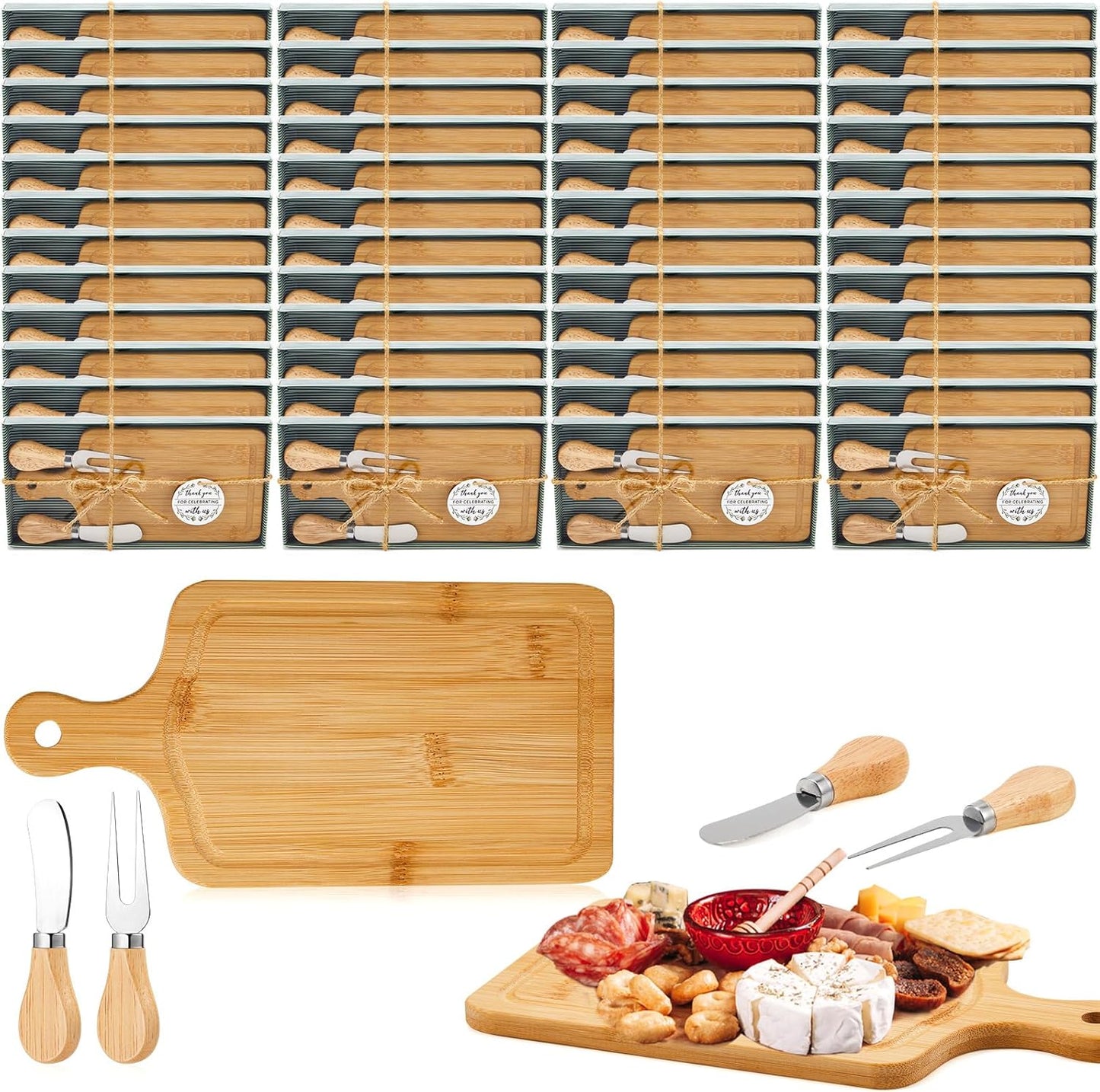 1 Set Bridal Baby Shower Cheese Prizes Wooden Square Board Gift Set Knives Forks Thank You Tags with Box for Guests for Valentines Bridal Baby Shower Housewarming Gifts (Acacia Color)
