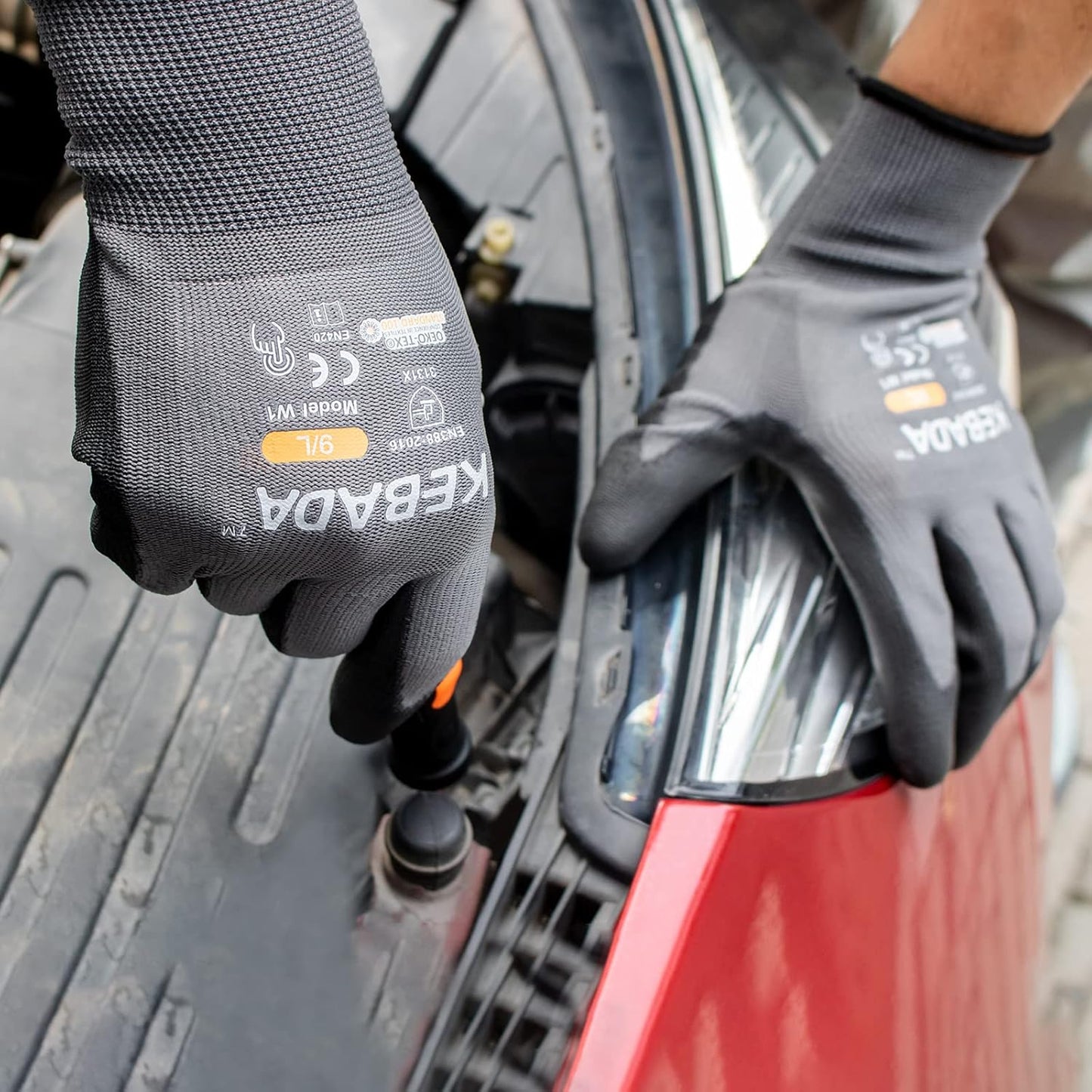 Kebada W1 Work Gloves for Men and Women, PU Coated Safety Gloves with Grip, Touchscreen, Ideal for Warehouse Package Handling, Construction, Gardening, 12 Pairs Gray Large
