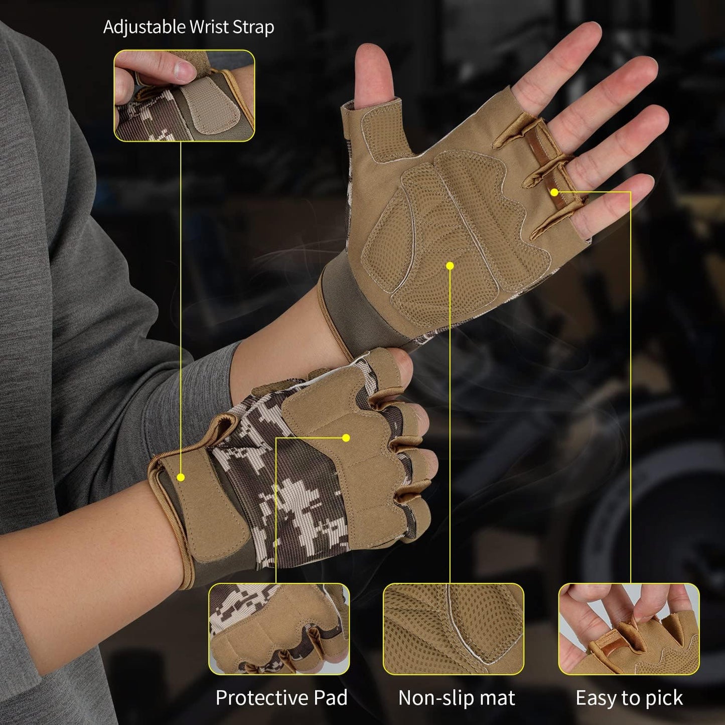 FIORETTO Fingerless Workout & Exercise Gloves for Gym, Weight Lifting, Airsoft, Shooting, Hunting, Hiking, Cycling, Driving, Motorcycle, Climbing M210603