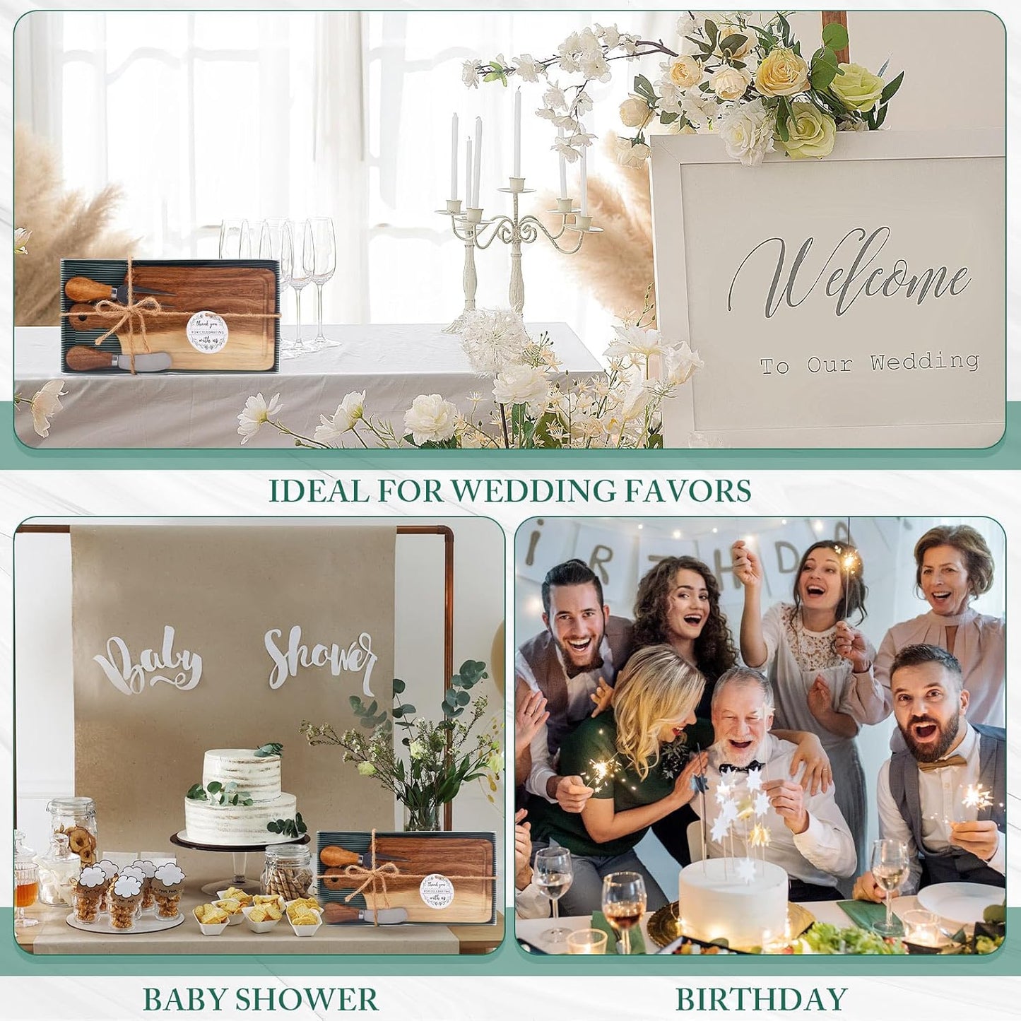 1 Set Bridal Baby Shower Cheese Prizes Wooden Square Board Gift Set Knives Forks Thank You Tags with Box for Guests for Valentines Bridal Baby Shower Housewarming Gifts (Acacia Color)