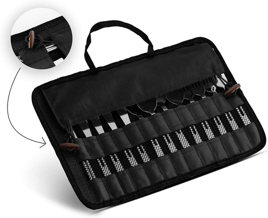 13 Piece Stainless Steel Family Cutlery Picnic Utensil Set with Travel Case for Camping | Hiking | BBQs - Includes Forks | Spoons | Knifes | Chopstick, Plus Nylon Commuter Case (Dark Blue)