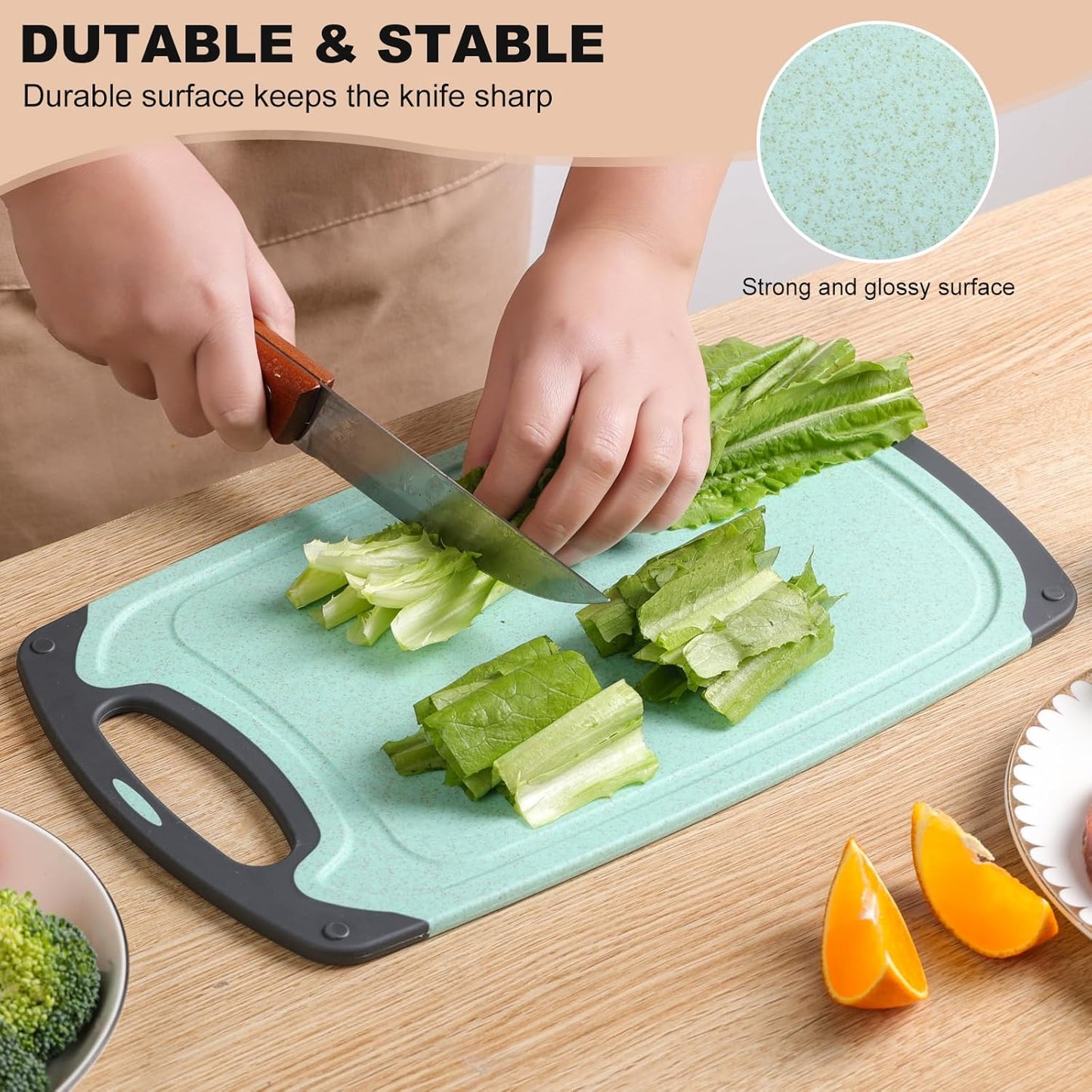 Kitchen Cutting Board Set 3 Piece Wheat Straw Plastic Cutting Boards for Kitchen with Juice Grooves Easy Grip Handle Bpa Free Non Porous Non Slip Dishwasher Safe Chopping Board (Beige + Green + Pink)