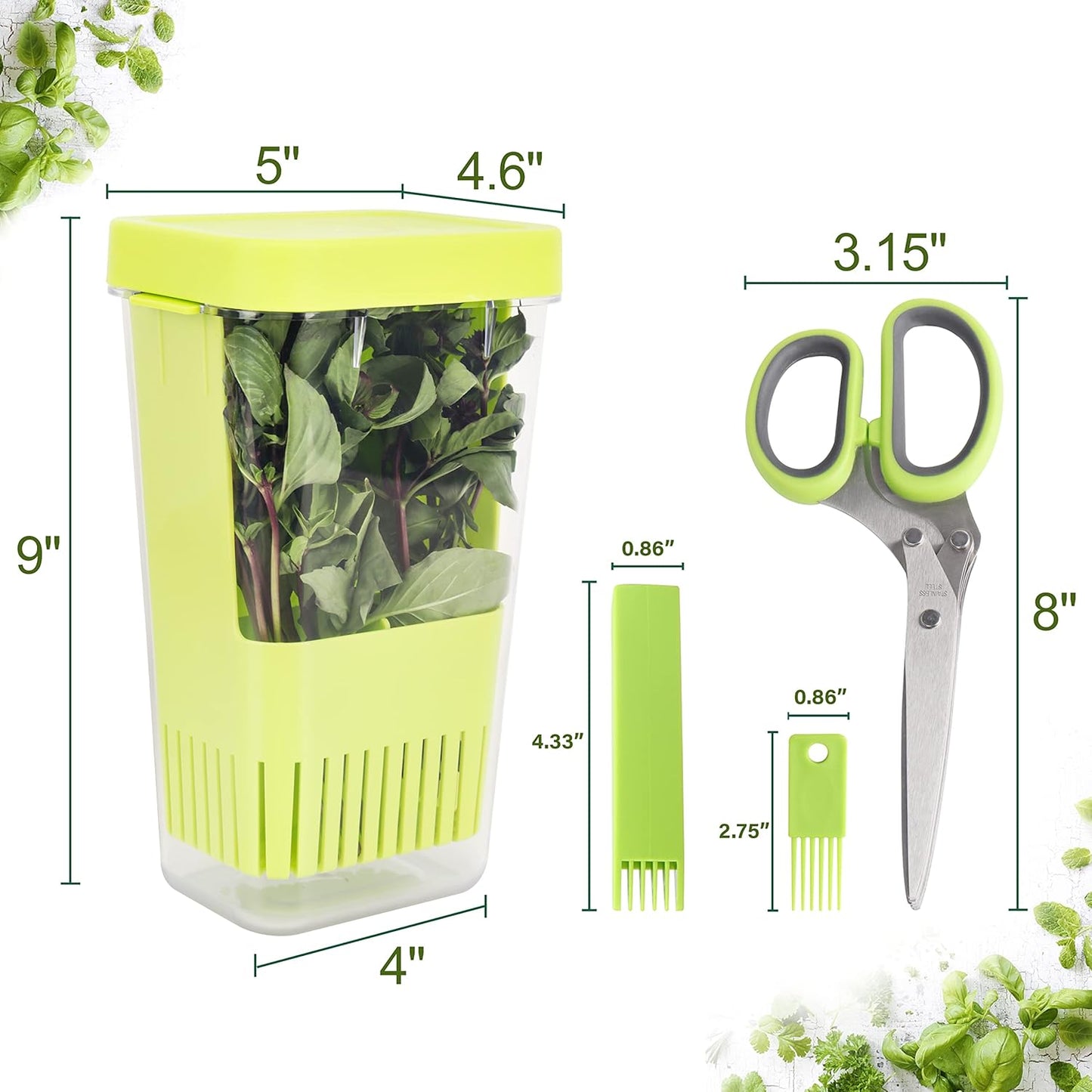 LUVCOSY Herb Keeper Set: 3 Pack Herb Saver+1 Pack Herb Scissors+2 Pack Herb Stripper, BPA-Free Plastic Herb Container for Cilantro, Mint & Asparagus, Keeps Fresh Herbs for 3 Times Longer