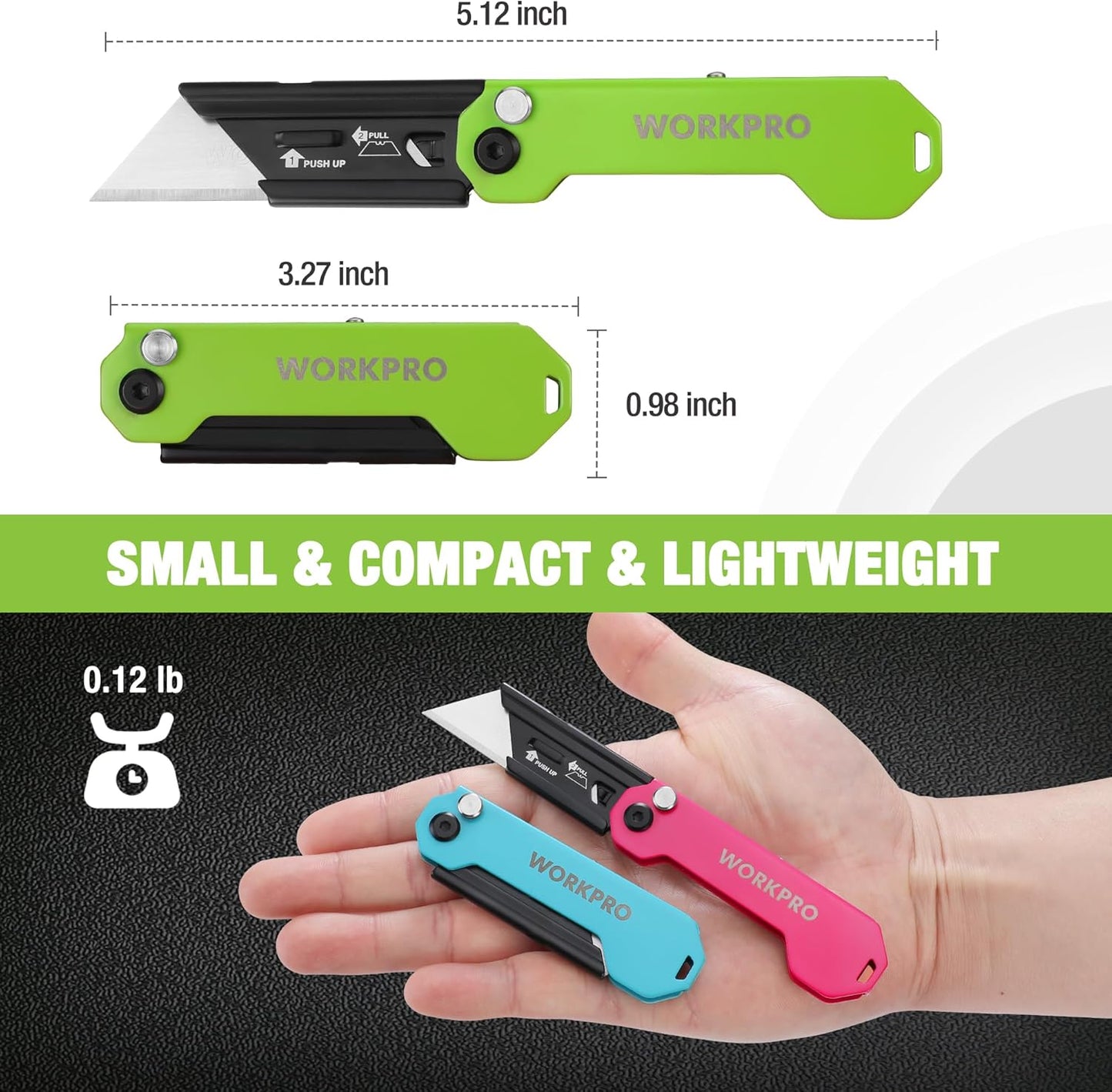 WORKPRO 3-Pack Folding Utility Knife, Quick Change Blades Box Cutter, EDC Foldable Pocket Utility Knife Sets with Belt Clip
