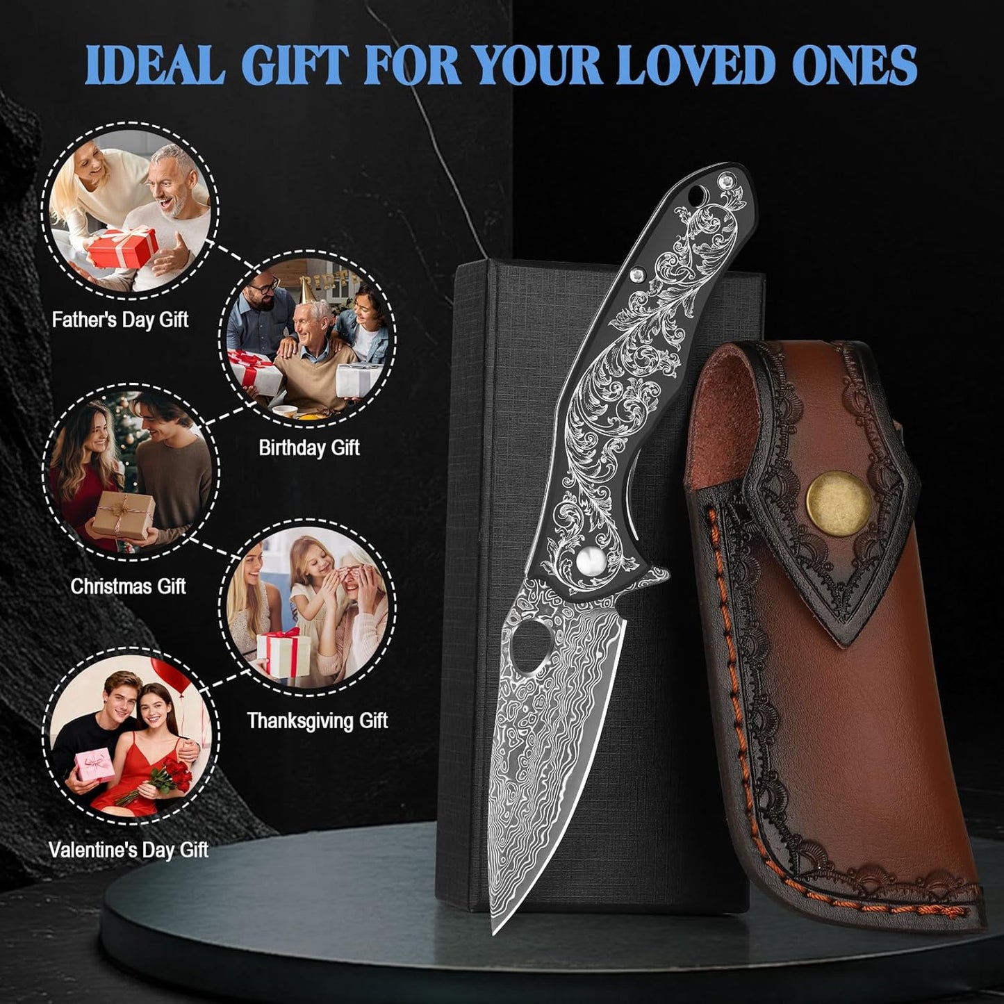 KOMWERO Damascus Pocket Knife for Men, VG10 Core Damascus Steel Folding Knife with Wood Handle, Ball Bearing, Thumb Hole, Liner Lock, Sheath for EDC Outdoor Survival Hunting
