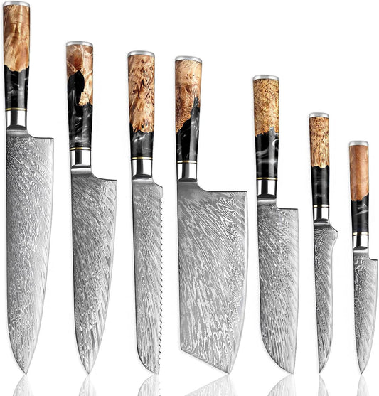SENKEN 7-Piece Damascus Kitchen Knife Set - Tsunami Collection - 67-Layer Japanese VG10 Steel - Chef's Knife, Cleaver, Santoku, Bread, Boning, & More