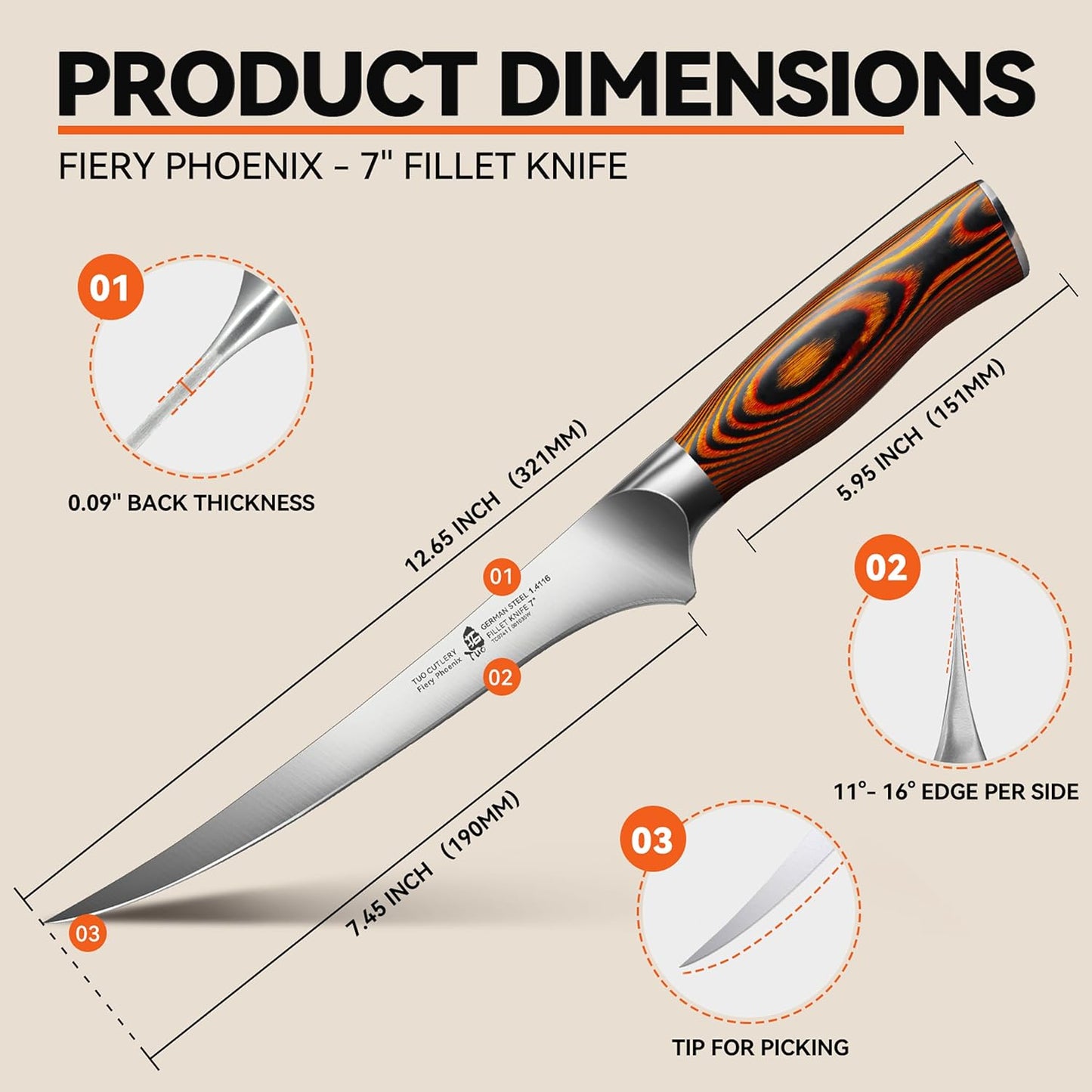 TUO Fillet Knife, 7 Inch Professional Fish Boning Knife for Trimming Meat & Poultry, Flexible Blade, High Carbon German Steel, Full Tang Handle - Black Hawk Series