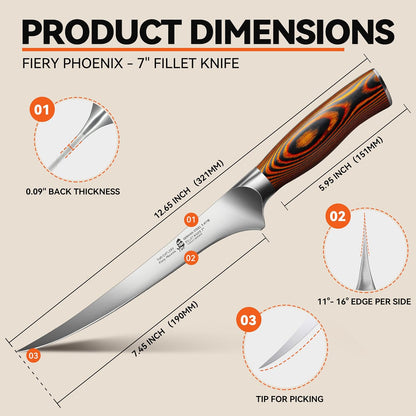 TUO Fillet Knife, 7 Inch Professional Fish Boning Knife for Trimming Meat & Poultry, Flexible Blade, High Carbon German Steel, Full Tang Handle - Black Hawk Series