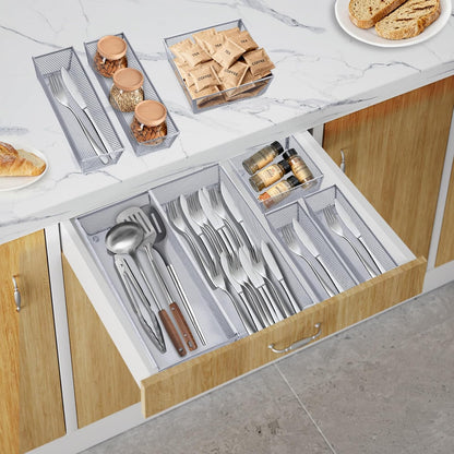 Neudeco Silverware Organizer,Mesh Drawer Organizer for Kitchen，Metal Utensil Organizer for Flatware, Knives, Spoons,Cosmetic (Silver 9 * 3 * 2 inch Pack6)