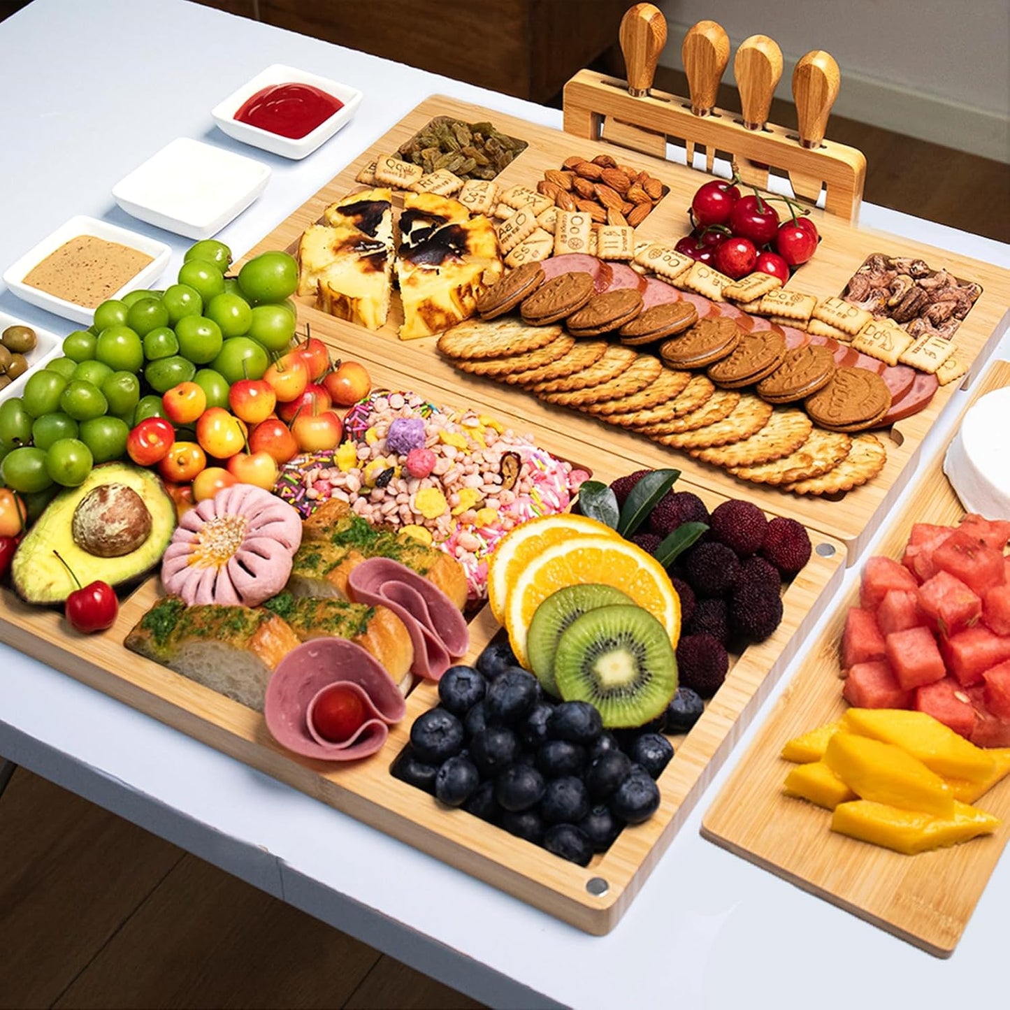 Charcuterie Board Set - Bamboo Cheese Board & Serving Tray with Stainless Steel Knives and Bowls, Housewarming Gifts New Home, Gift for Wedding Couple, Bridal Shower (NLB, 02)