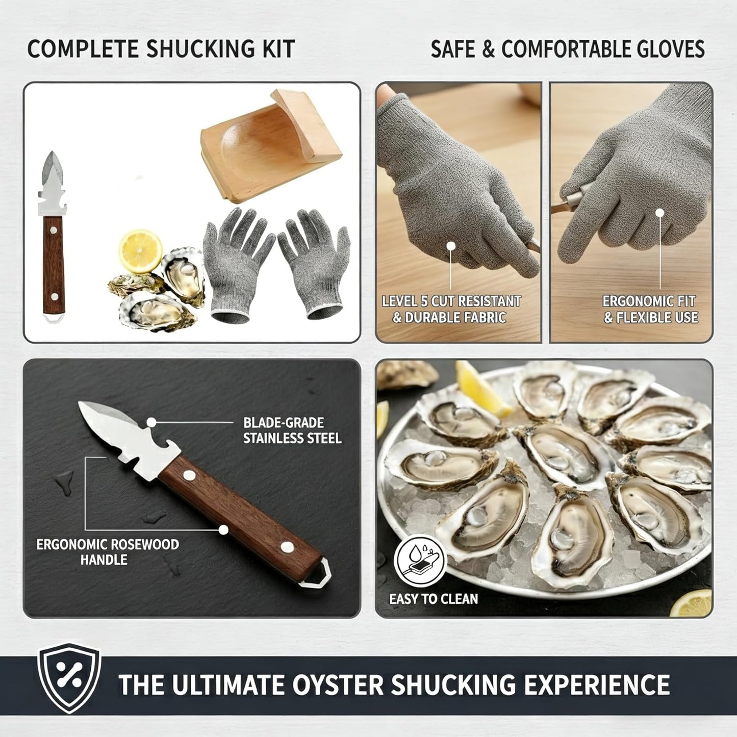 Oyster Shucker, 3-Piece Set With Oyster Clamp, Shucking Knife & Cut Resistant Gloves (Level 5), Professional Shucking Tools For Fresh Oysters And Clams