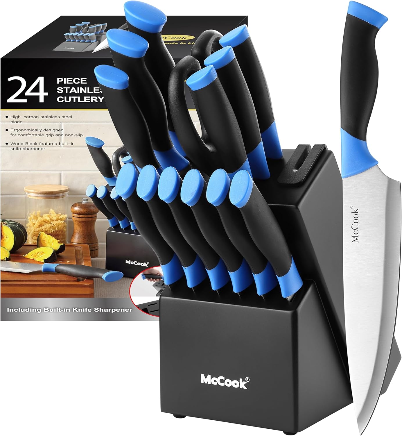 McCook® Knife Sets,German Stainless Steel Kitchen Knife Block Set with Built-in Sharpener