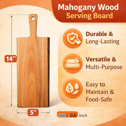 Creative Home Mahogany Wood Charcuterie Board with Live Edge, Handmade Rustic Cheese Serving Tray, Solid Hardwood Bread & Appetizer Board, 14 x 5 Inch