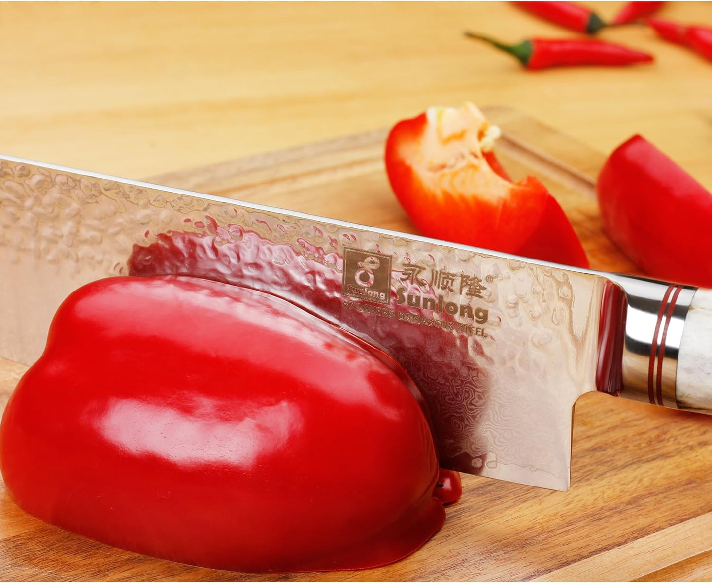 SUNLONG Usuba & Nakiri Knife 6.5 inch Fruit and Vegetable Knife Japanese Hammered Damascus Steel Super sharp - Natural Deer Horn Handle