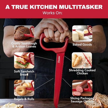 Ergonomic Bread Knife with Manual Hand Saw Style Handle, Red, 3CR13 Stainless Steel Blade