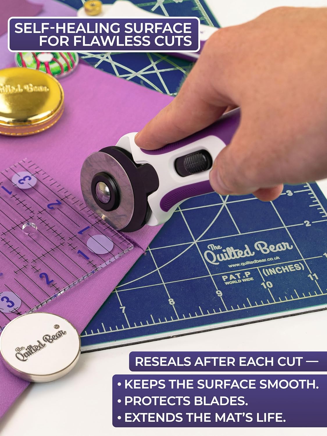 The Quilted Bear Rotating Cutting Mat 12" x 12" - Locking & Rotating Self Healing Cutting Board for Sewing, Fabric & Quilting - 360 Degree Sewing Supplies Mat for Craft Table (Pink)