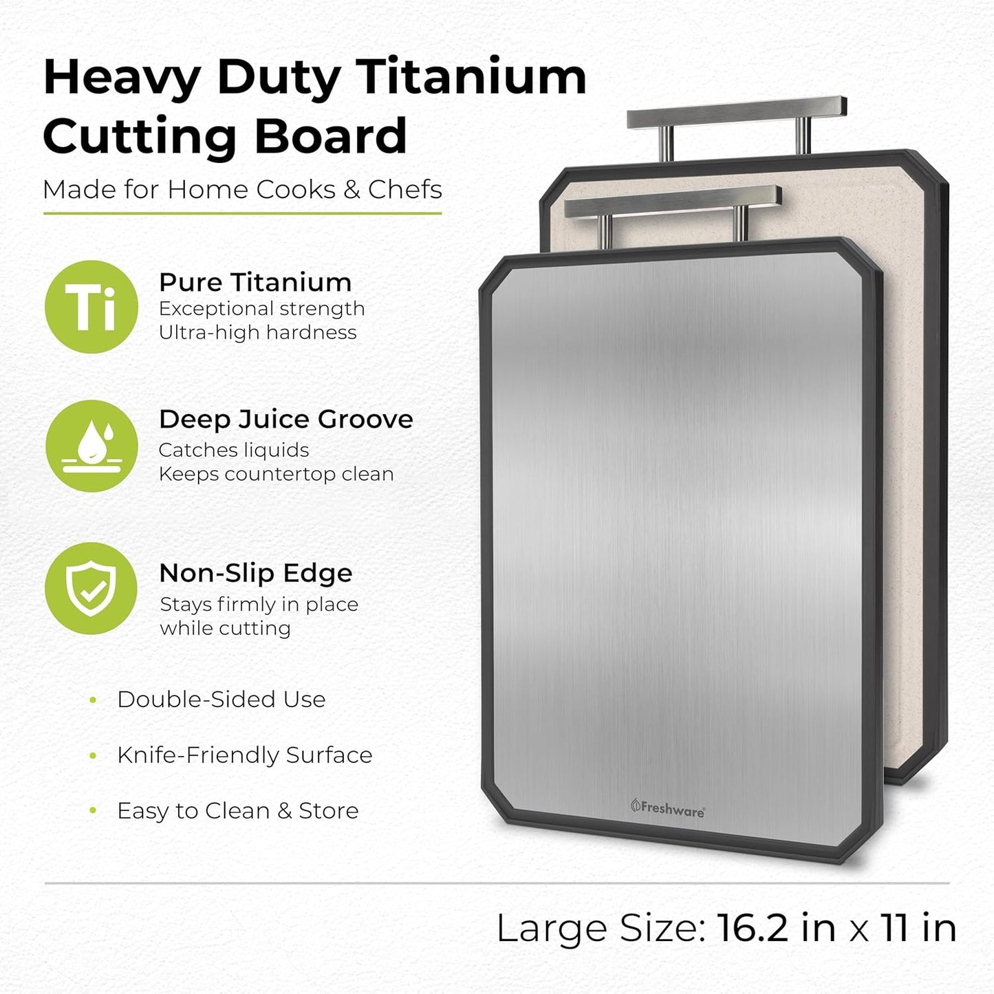 Freshware Titanium Cutting Board for Kitchen, Set of 2, Double Sided Cutting Boards, Pure Titanium/PP, Chopping Board with Juice Grooves, Dishwasher Safe, Medium 12.1" by 8.3" and Large 16.2" by 11"