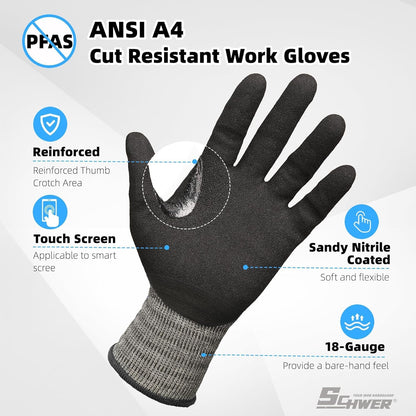 Schwer 6 Pairs ANSI A4 Cut Resistant Work Gloves with Extreme Lightweight & Thin, Sandy Nitrile Touchscreen Safety Working Gloves with Grip, 3D-Comfort Fit, Flexible and Breathable, XL, AR3900