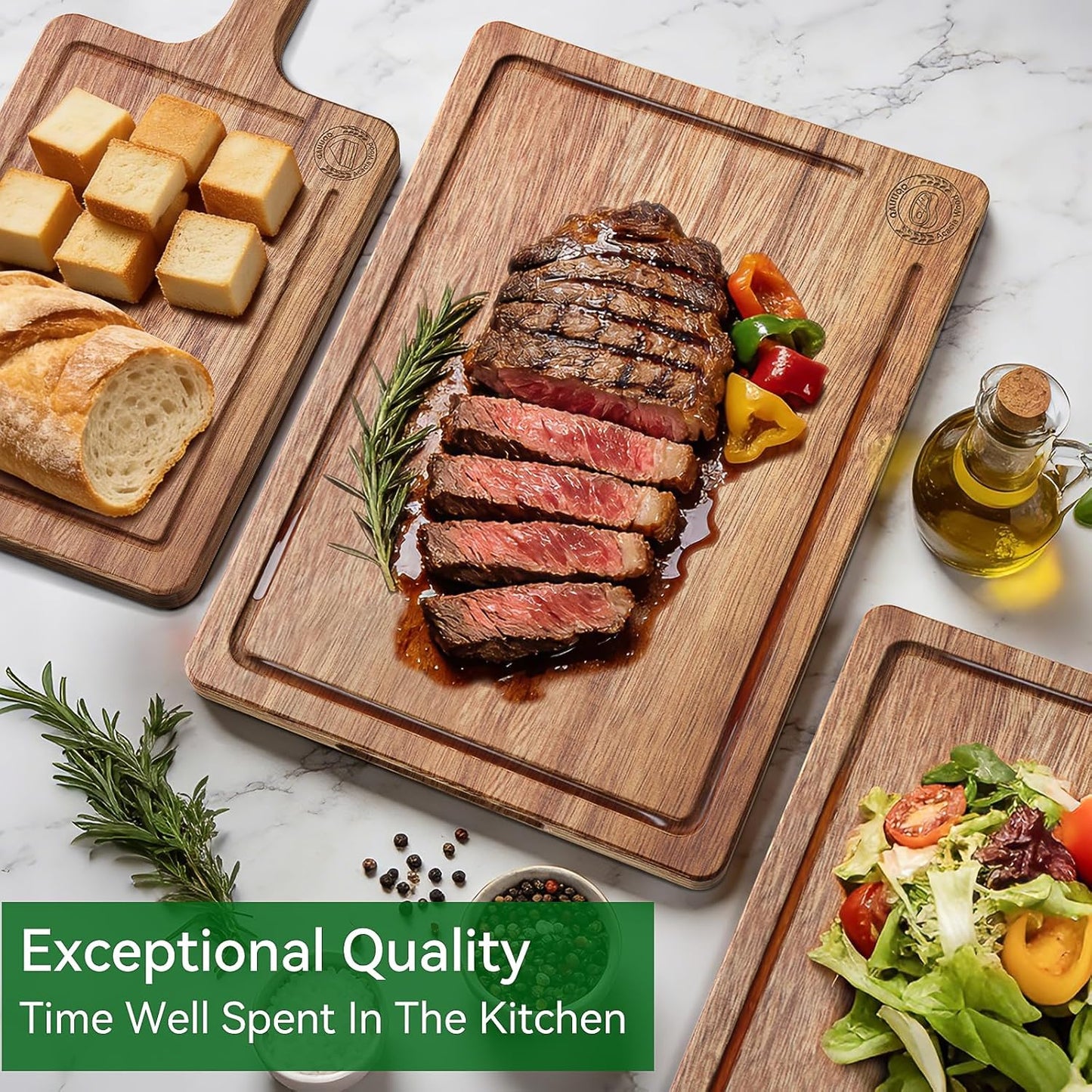 Acacia Wood Cutting Board Set of 3 – Non-Toxic & Pre-Oiled Cutting Boards for Kitchen, Chopping Boards with Holder, Juice Groove, Reversible Serving Board, Labeled Icons for Meat Cheese Vegetables