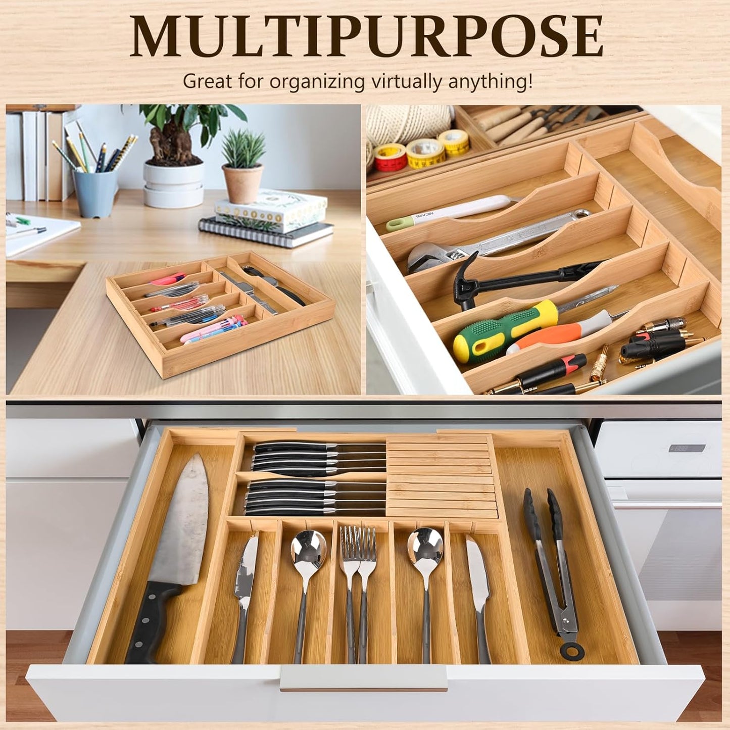 Silverware Organizer Expandable Bamboo Drawer Organizer with Non-Slip Stainless Steel Locking Clips, Kitchen Utensil Holder with Knife Block, Adjustable Cutlery Tray with Curved Grooves Dividers