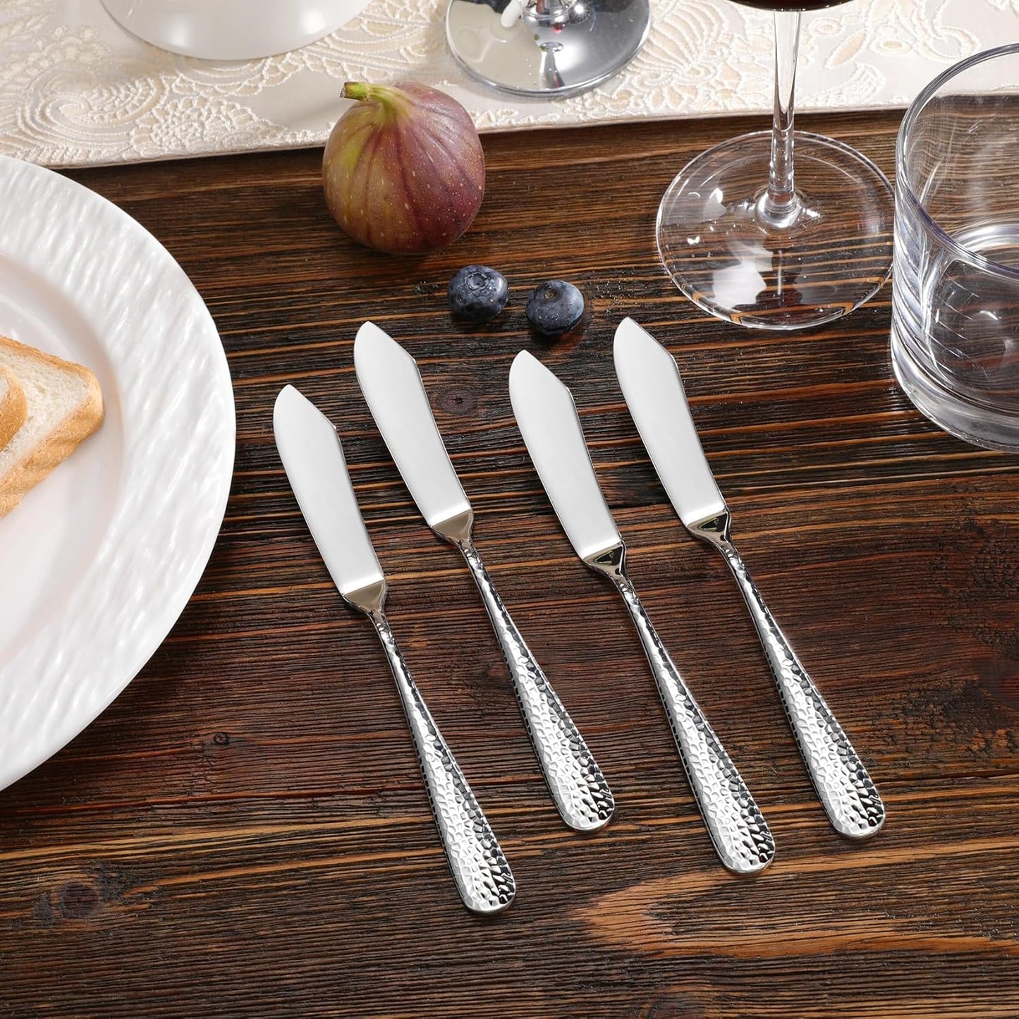 KEAWELL Premium 7" Louise Butter Knives: Set of 4, 18/10 Stainless Steel, Dishwasher Safe and Rust-Resistant (Hammered)