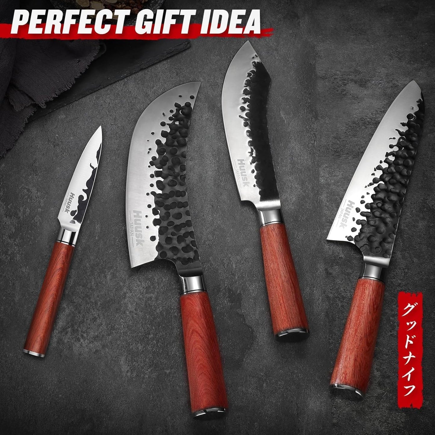 Huusk Japanese Chef Knife Set 6 pcs, Kitchen Knives with Hand-forged High Carbon Steel Blade, Sharp Cooking Knife Set with Ergonomic Wood Handle, Professional Kitchen Knives Sets, Gift Idea for Men