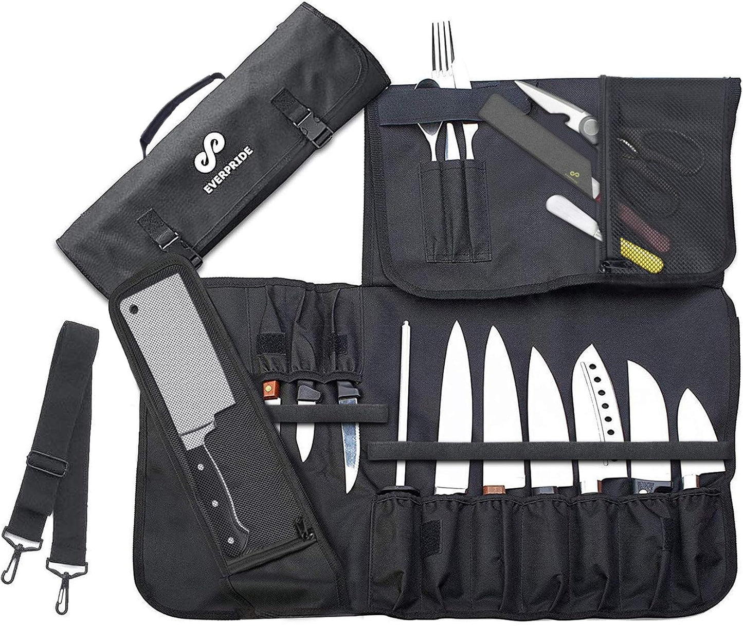 EVERPRIDE Chef Knife Roll Bag Holds 10 Knives – Contains 2 Large Zippered Pockets for Meat Cleavers and Cooking Tools – Durable Knife Carrier Case for Chefs and Culinary Students – Knives Not Included