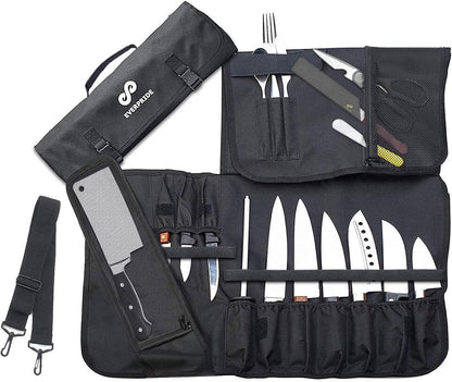 EVERPRIDE Chef Knife Roll Bag Holds 10 Knives – Contains 2 Large Zippered Pockets for Meat Cleavers and Cooking Tools – Durable Knife Carrier Case for Chefs and Culinary Students – Knives Not Included