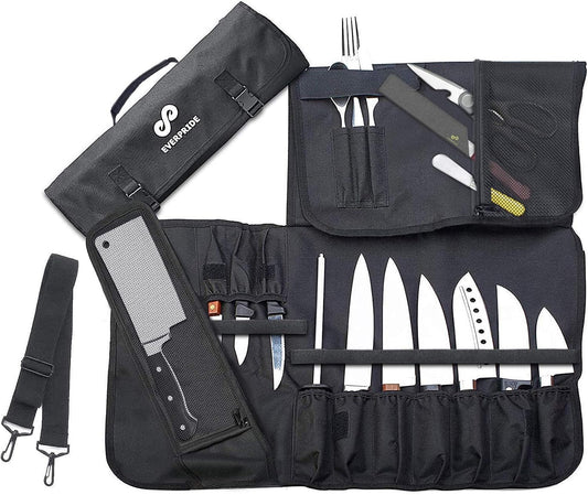 EVERPRIDE Chef Knife Roll Bag Holds 10 Knives – Contains 2 Large Zippered Pockets for Meat Cleavers and Cooking Tools – Durable Knife Carrier Case for Chefs and Culinary Students – Knives Not Included