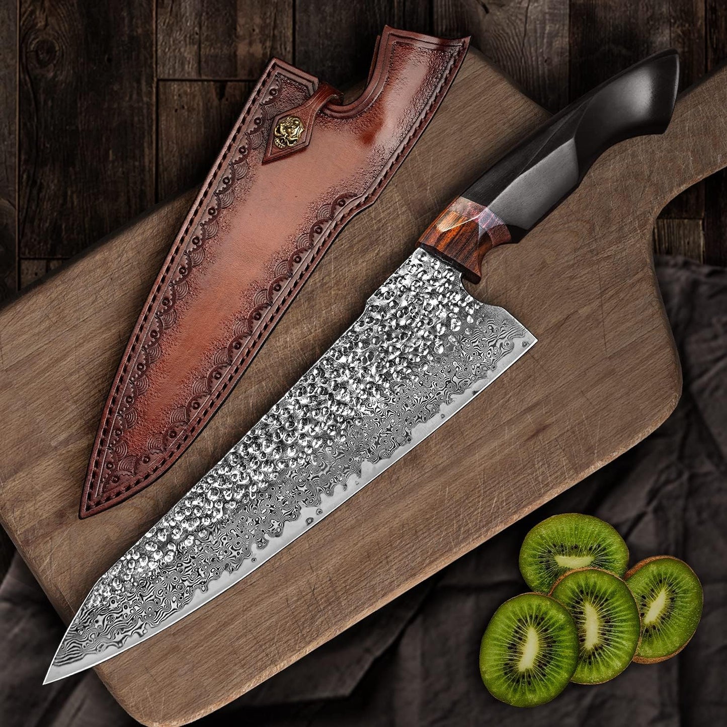 Japanese Professional Chef Knife,8.5in Handmade Damascus Steel VG10 Core Blade,Ebony Wood Handle,Cutting Cooking Gyuto Knives with Sheath for Kitchen