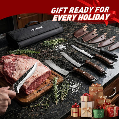 MDHAND Butcher Knife Set, 12PCS Hand Forged Serbian Chef Knife Set with Bag, High Carbon Steel Full Tang Kitchen Knives Set, Meat Cleaver & Boning Knife for Brisket Trimming BBQ Camping, Gift for Men