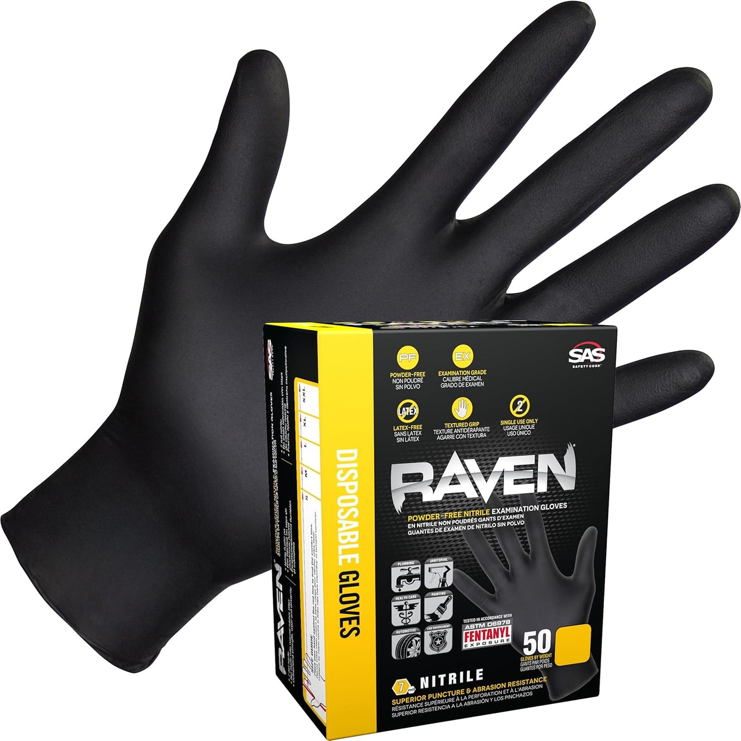 Raven Powder Free Nitrile Disposable Gloves 7 Mil - XL Latex Free, Chemical + Puncture Resistant, Textured Grip, Single Use for Automotive, Industrial, Janitorial, MRO, Food Service 66519