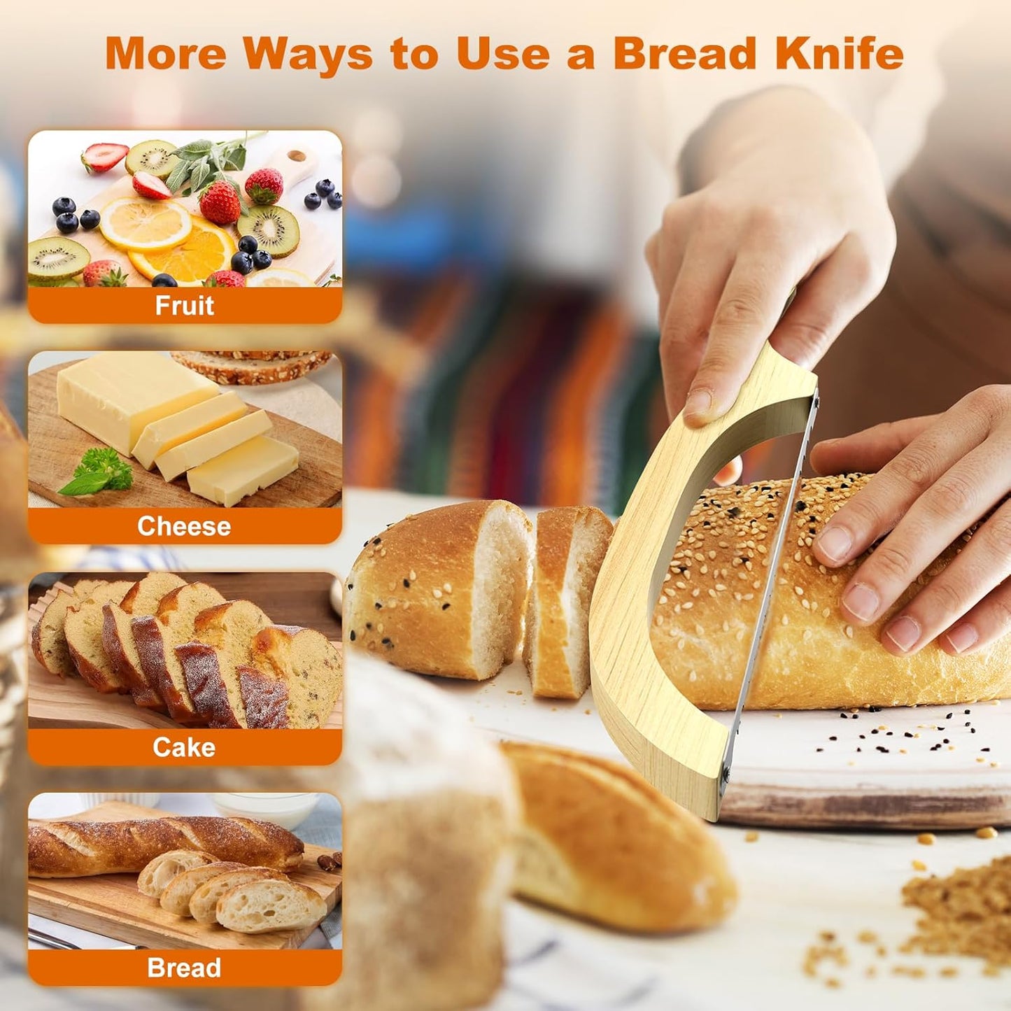 Bread Knife for Homemade Bread – 16" Walnut Bow Bread Cutter with Ultra-Sharp Serrated Stainless Steel Blade, Sourdough Bread Knife for Bagels, Baguettes, and Rustic Loaves - Walnut Color