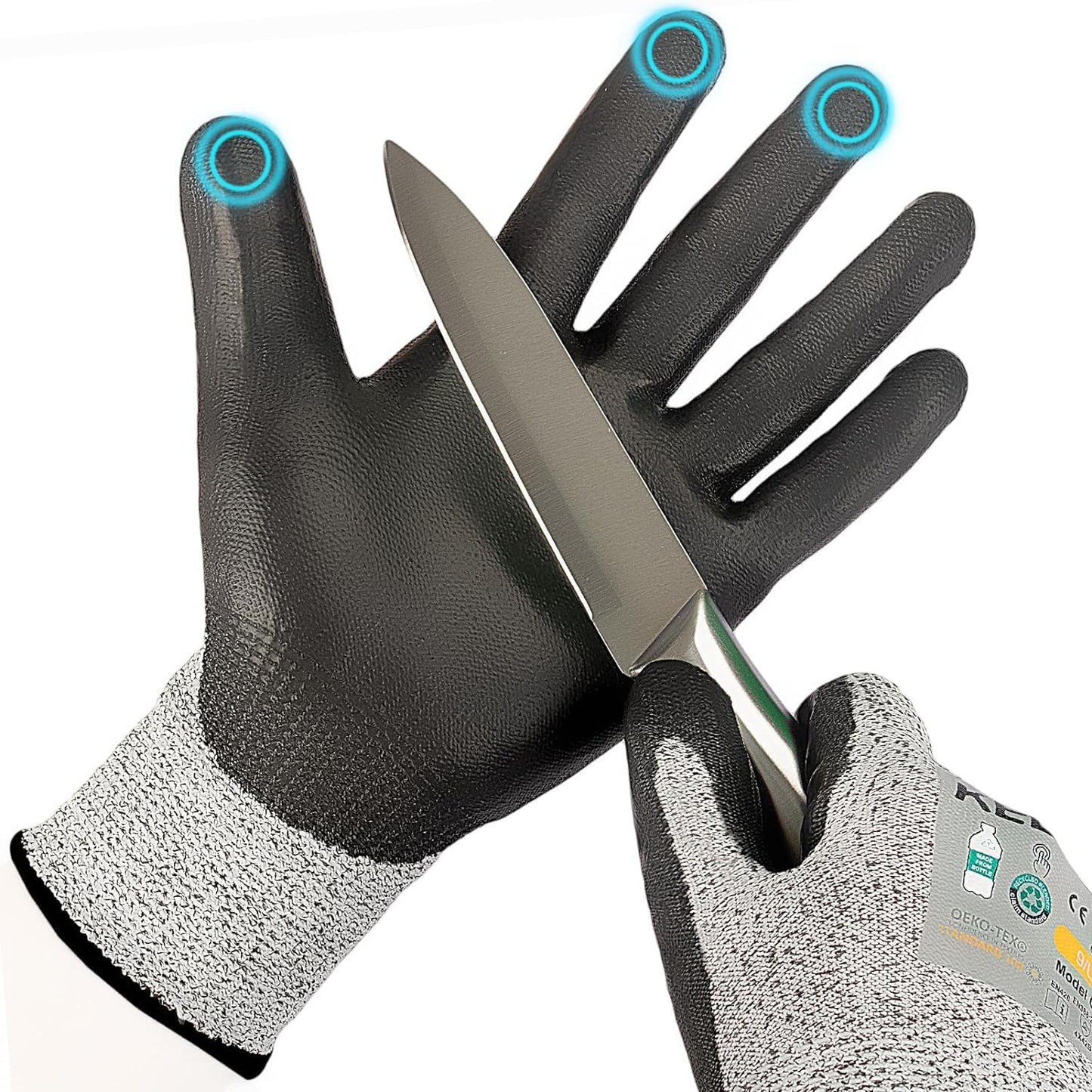 Kebada Cut Resistant Gloves, ANSI A2 Cutting Glove, PU Coated, Touchscreen, Multi-Purpose Model C2, 3 Pairs, Large