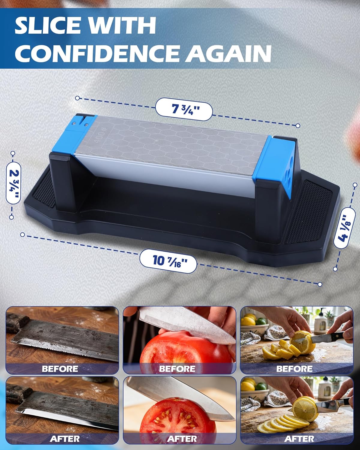 4-in-1 Diamond Knife Sharpener Stone – 400/600/1000 Grit 3-Sided sharpener with Steel Slot & Angle Guide (14°/17°/20°) – Coarse, Medium & Fine Sharpening for Kitchen, Hunting, Knives & Tools