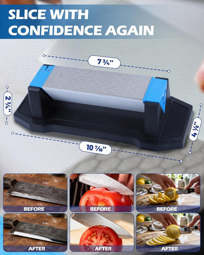 4-in-1 Diamond Knife Sharpener Stone – 400/600/1000 Grit 3-Sided sharpener with Steel Slot & Angle Guide (14°/17°/20°) – Coarse, Medium & Fine Sharpening for Kitchen, Hunting, Knives & Tools
