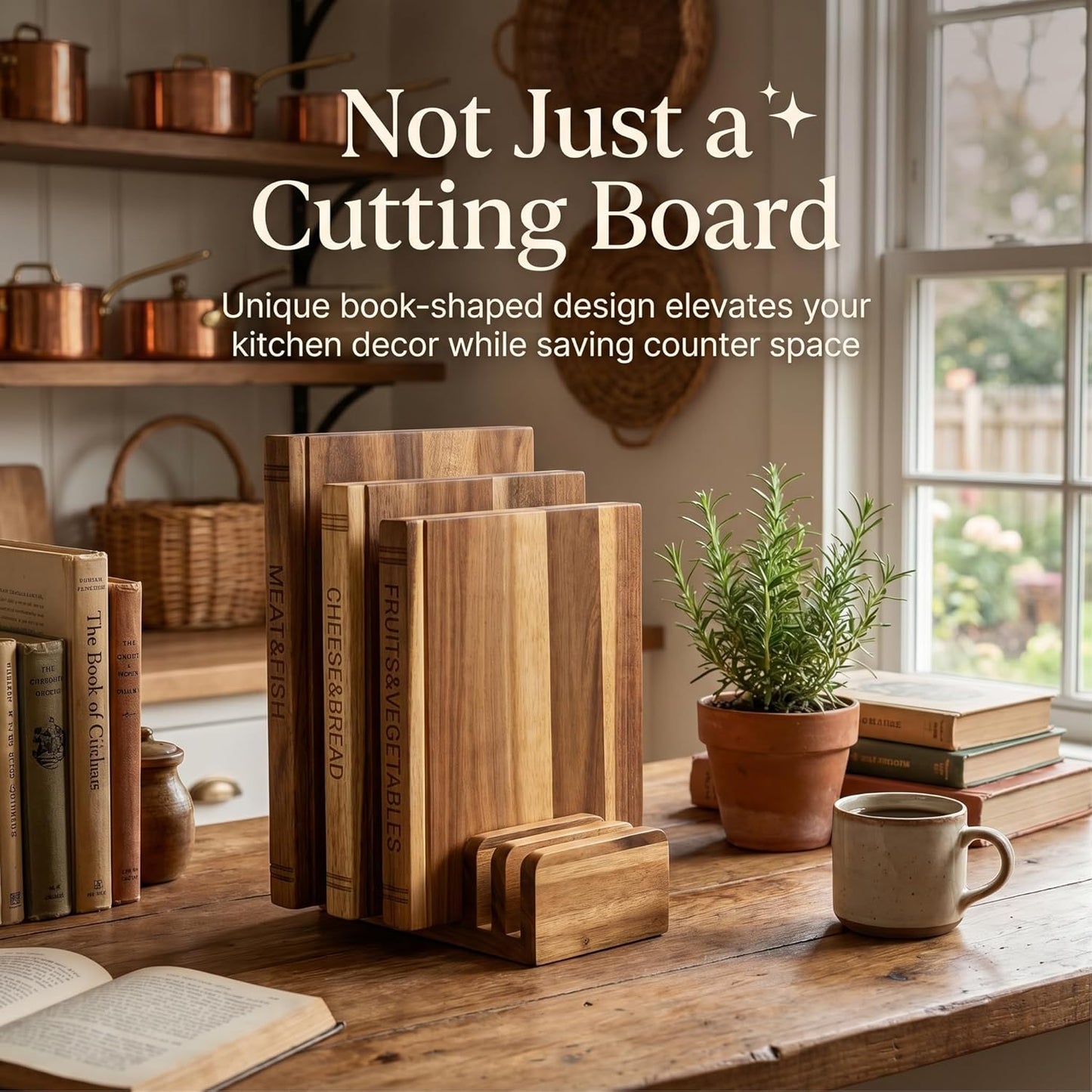 3-Piece Book-Shaped Cutting Board Set - Food Safe, Non-Slip Chopping Boards for Kitchen Organization and Stylish Serving,Acacia Wood