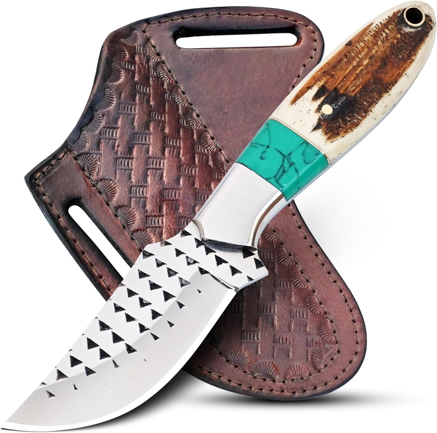 Rasp steel Bull Cutter Knife with Pancake leather sheath, Hunting Knife with holster, Cowboy knife, Fixed Blade (BUCK-STAG)