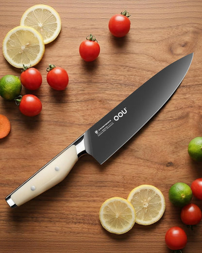 OOU 8 Inch Chef Knife, German 1.4116 Stainless Steel Kitchen Knife, Gunmetal Blade with AgShield & TinSharp Finish, Balanced ABS Handle, Sharp Cooking Knife for Meat, Vegetables and Daily Prep