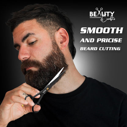 Beauty & Crafts 5” Professional Beard & Mustache Scissors for Men | German Stainless Steel Beard Trimming Shears with 2 Mustache Combs & Premium Pouch for All Facial Hair (Black)