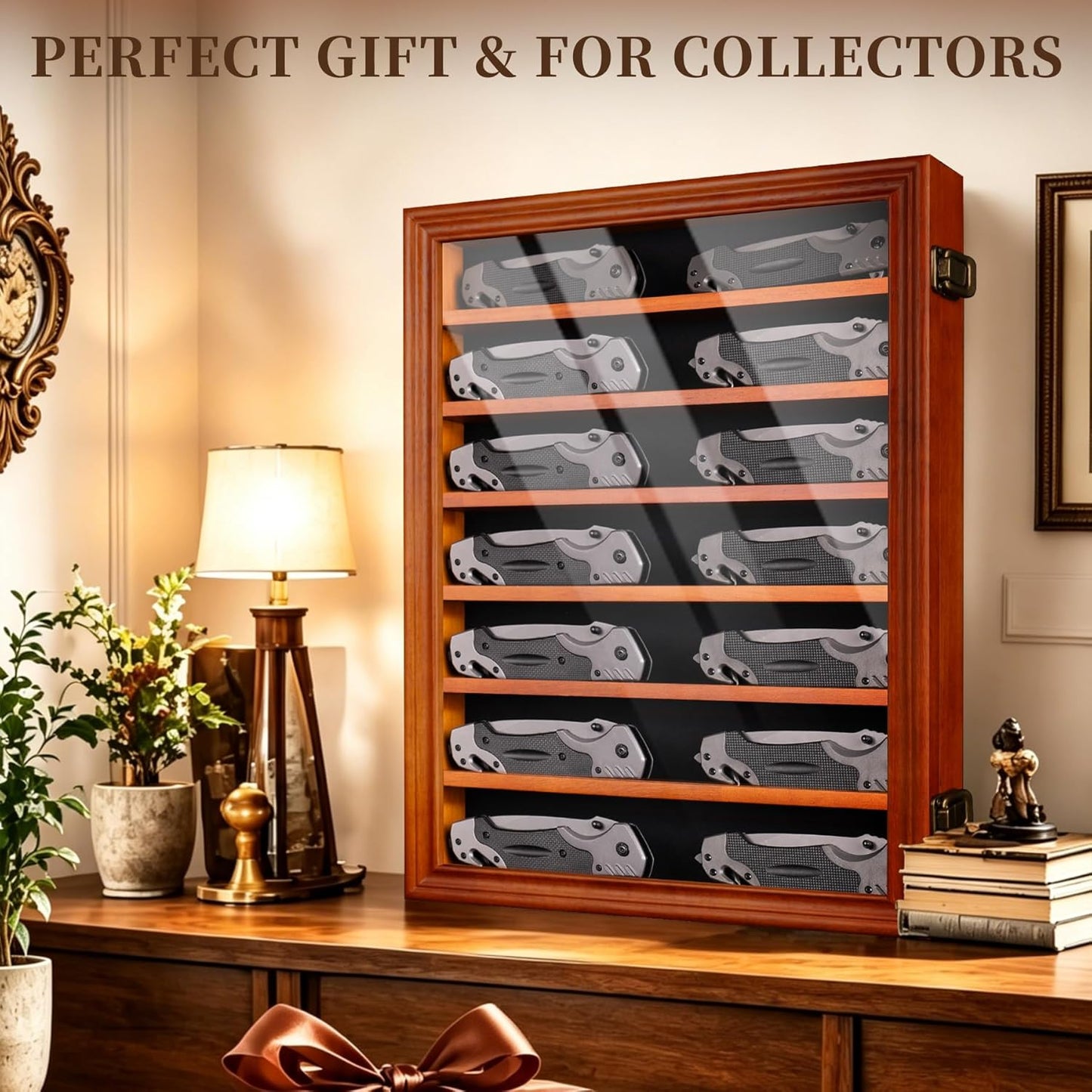 7 Row Knife Display Case for Wall Wooden Folding Knife Storage Stand with HD Tempered Glass & Removable Shelves Military Knife Organizer for Collections - Black