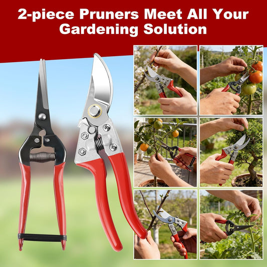 LEEPENK 2 Piece Garden Shears Set: Heavy Duty Pruning Shears with Japanese SK5 Steel Blade & Long Straight Garden Snip,Complete Pruning Shears for Gardening, Tree Trimming, Flower & Herb Cutting