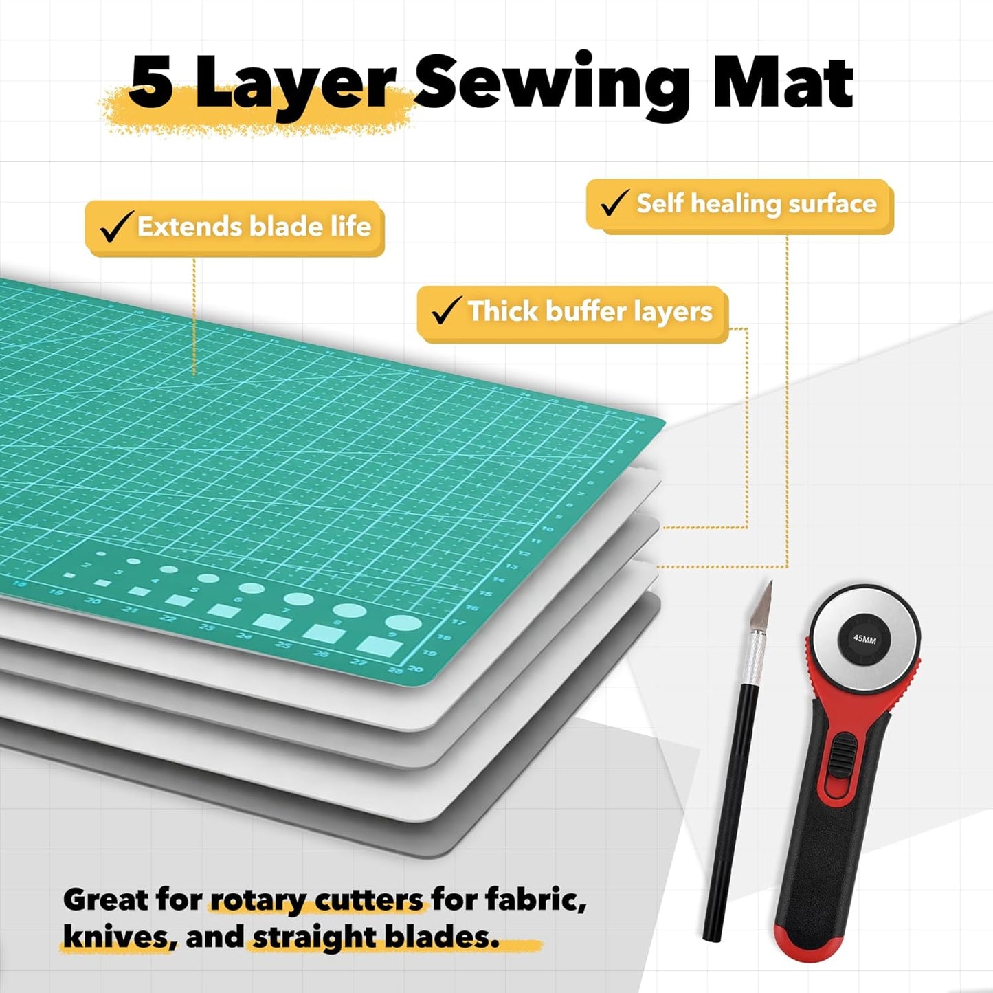 Mandala Crafts Self-Healing Cutting Mat Set – 12" x 18" A3 Green Double-Sided 5-Ply Mat with Fabric Cutter, Quilt Ruler & Craft Knife for Sewing, Quilting, Leather & Scrapbooking