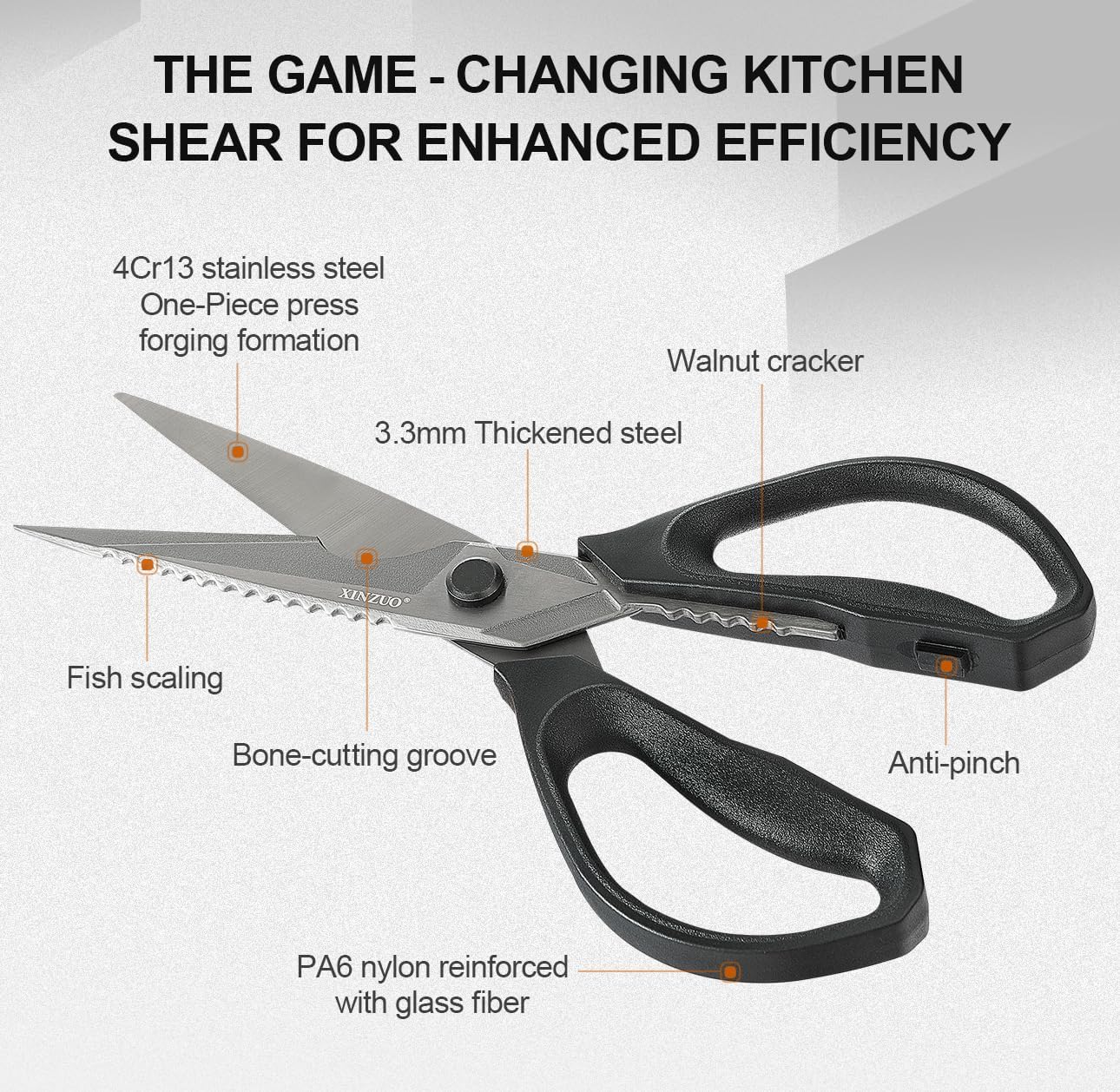 XINZUO Sandvik 14C28N Stainless Steel Multi-Purpose Kitchen Shear,Heavy Duty Kitchen Food Scissors For (Meat/Herbs/Poultry),With Silver Aluminum Alloy Handle