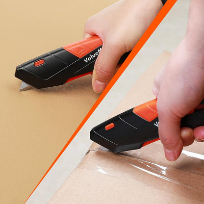 ValueMax 2-Pack Box Cutter Knife, Cardboard Cutter with Self-Retracting 3-Position Locking Blade, Safety Sheath, Lanyard, Extra 18 Blades Included, Blade Storage Design