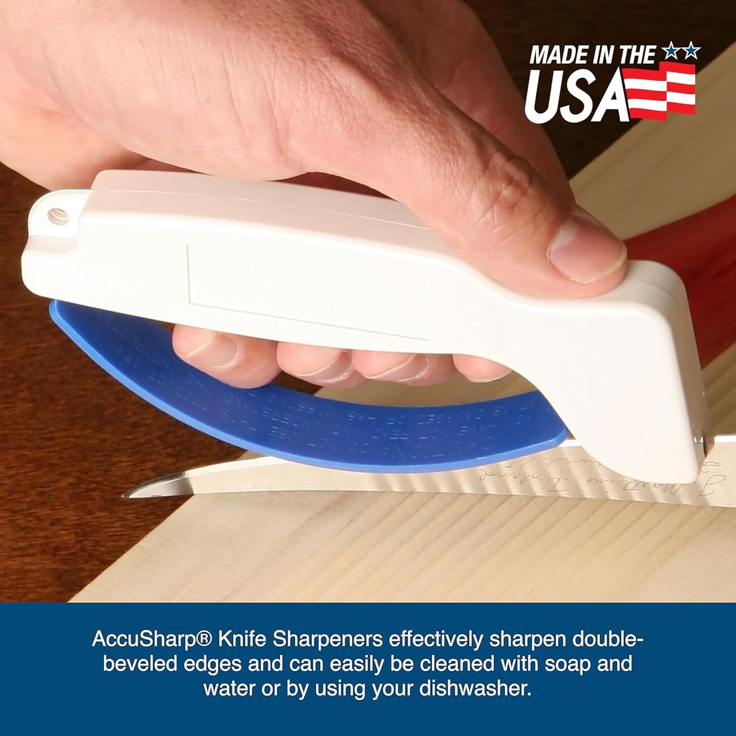 AccuSharp Knife & Tool Sharpener, Restores, Hones & Sharpens Straight & Serrated Knives, Hand-Held Tungsten Carbide Sharpening Tool, White & Blue, 1 Pack