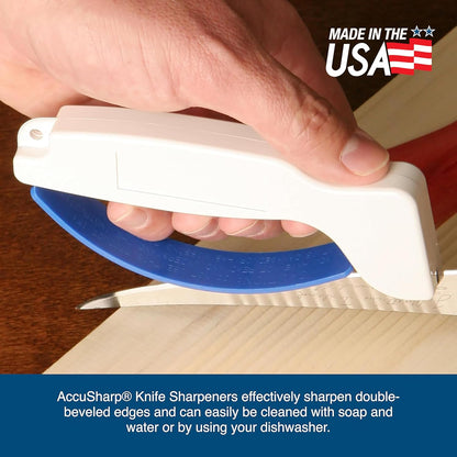 AccuSharp Knife & Tool Sharpener, Restores, Hones & Sharpens Straight & Serrated Knives, Hand-Held Tungsten Carbide Sharpening Tool, White & Blue, 1 Pack