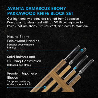 Messermeister Avanta Damascus 10-Piece Ebony Pakkawood Knife Block Set - Japanese Damascus Stainless Steel - 4 Speciality Knives, Heavy-Weight Fork, 4 Steak Knives & Magnetic Knife Block