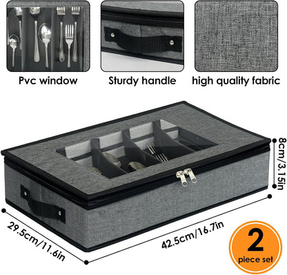 VERONLY 2 Pack Flatware Utensil Storage - Sturdy Silverware Storage Box with Dividers, 5 Compartment Flatware Storage Case with Handles and Removable Lid for Moving&Protected(Dark Gray)