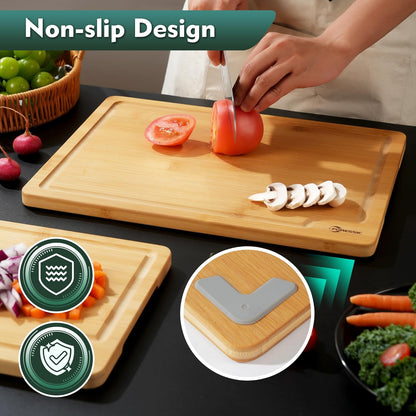 Wood Cutting Board Carbonized Bamboo Set With Smooth Surface Set 4 Packs with Non Slip Feet Holder and Over Sink Solid Thick Durable Wood Charcuterie Cheese Serving Tray Kitchen Gadgets (Carbonized)